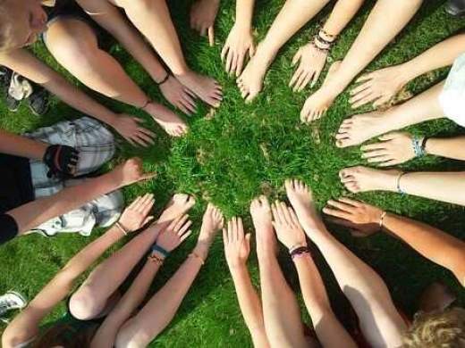 Photo de lactivité scolaire citoyenneté : petit coopérateur montrant les mains denfants posées en rond dans lherbe verte
